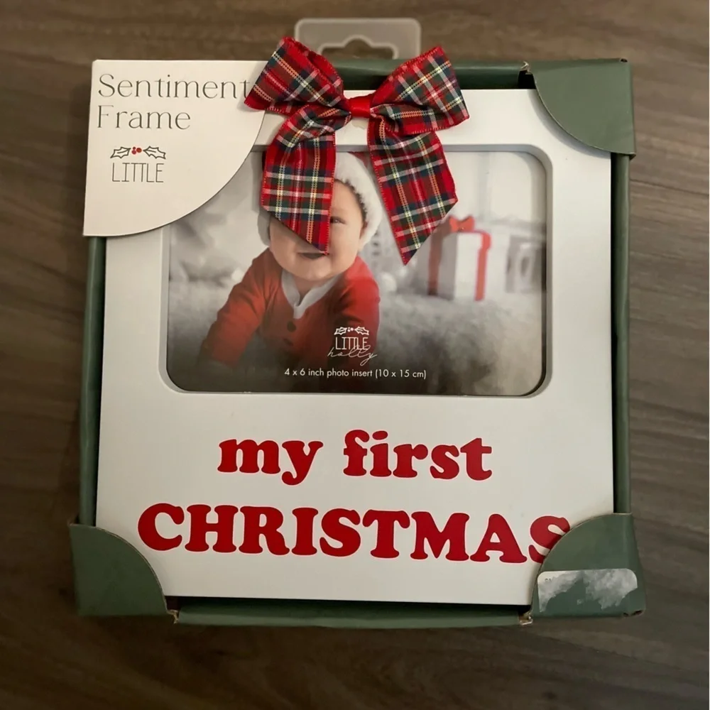 Little Sentiment Frame with Red Plaid Bow My First Christmas 4X6 picture-NWT